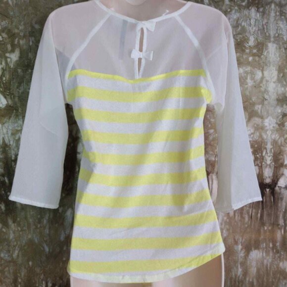 LC Lauren Conrad Women's Striped Bow Tee 3/4 Sleeves Yellow & White Shirt - Picture 5 of 16